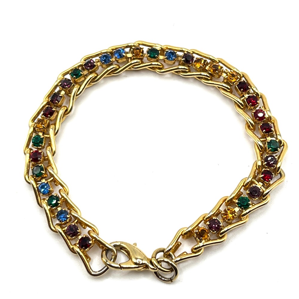 Vintage Rainbow Crystal Rhinestone Multicolor Gold Tone Chain Link Bracelet 6.5"